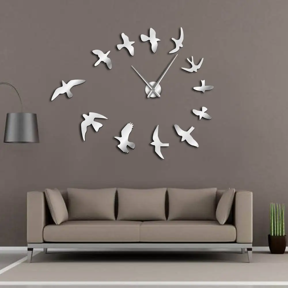 Frameless DIY Large Clock Wall Watch Nature Room Decor Mirror Decorative Flock of Flying Birds Modern Fashionable Design Luxury