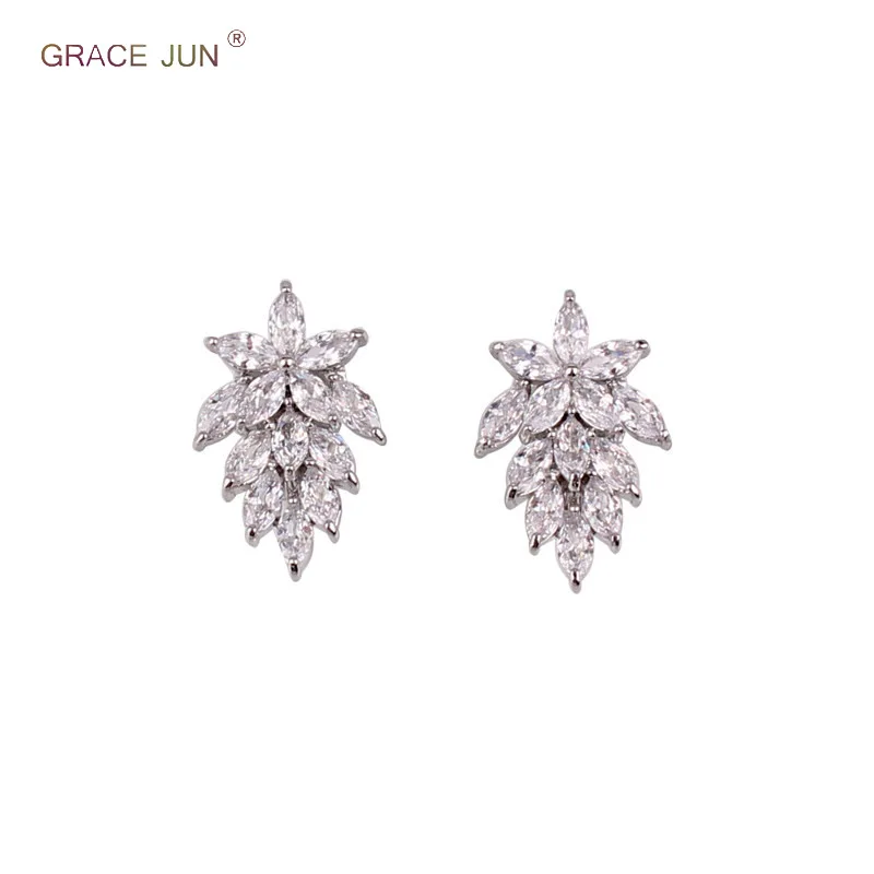 GRACE JUN Свадебная мода Полный кубический циркон в форме листа Серьги-клипсы без пирсинга для женщин Очаровательный аксессуар