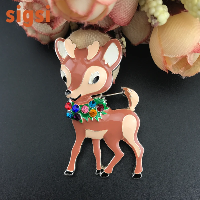 Christmas cute deer brooch pin, enamel deer with rhinestone garland broaches