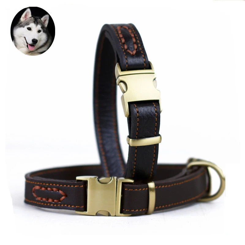 Cowhide Genuine Leather Pet Dog Collars Top Quality Top Grade Pet Training Collars Heavy Duty For Medium Large Dogs Adjustable