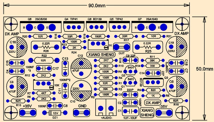 Placa do amplificador audio para a fase da entrada diferencial, 2 PCes, ampère de DX, 100W, 4R, em 5200, 1943, TIP41, TIP42, ON 2N5401