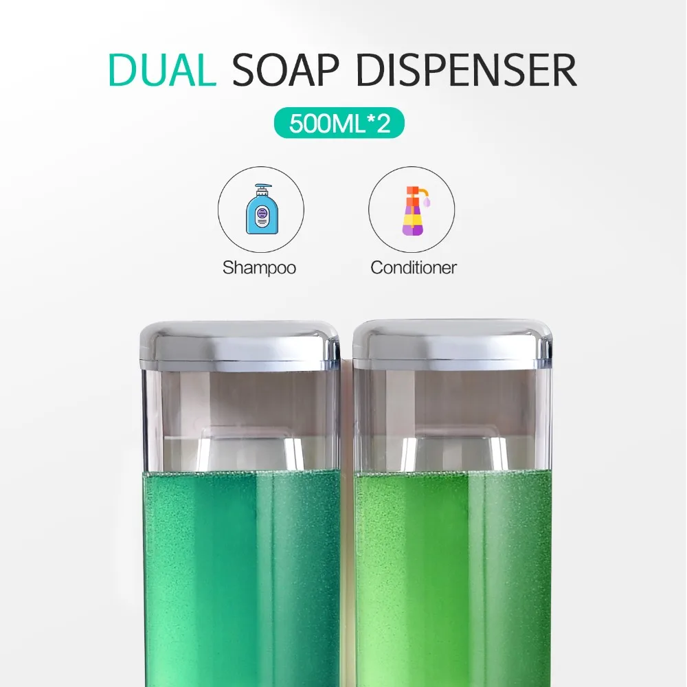 500ml*2 Wall Mounted Hand Pressing Double Soap Dispenser Hotel Bathroom ABS Plastic Liquid Soap Dispenser