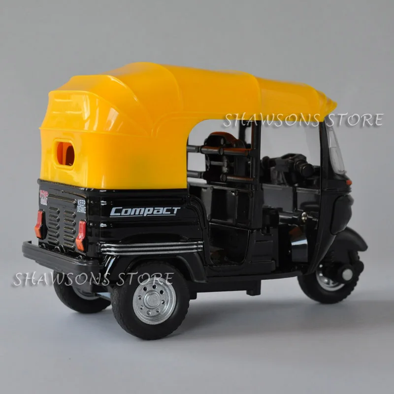 1:14 Scale Diecast Motorcycle Model Bajaj Auto Motor Tricycle Taxi Miniature Replica Pull Back Toy With Sound & Light