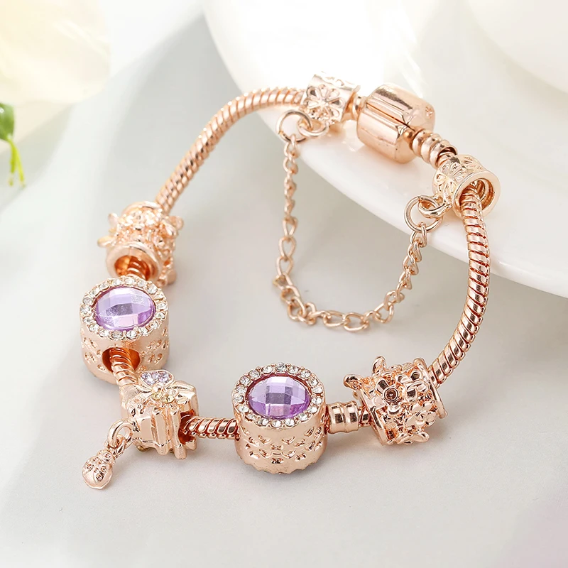 SEIALOY Rose Gold Color Bracelets For Women Couple Friendship Magnolia Lilac Crystal Beads Ladybug Charm Brands Bracelet Bangles