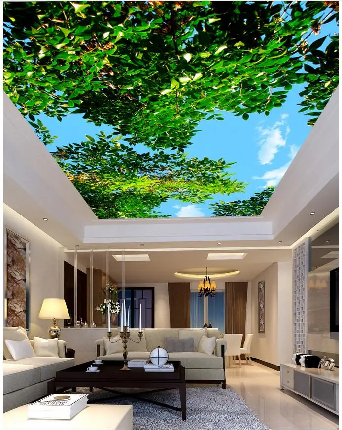 

Blue sky and white clouds green leaf ceiling Custom photo wallpaper 3D stereoscopic ceilings