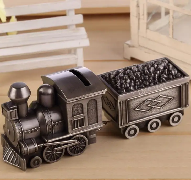 

Vintage Piggy Bank Locomotive Loco Railway Alloy Owl Money Box Train Engraving Kids Birthday Party Gift Favors 1pcs