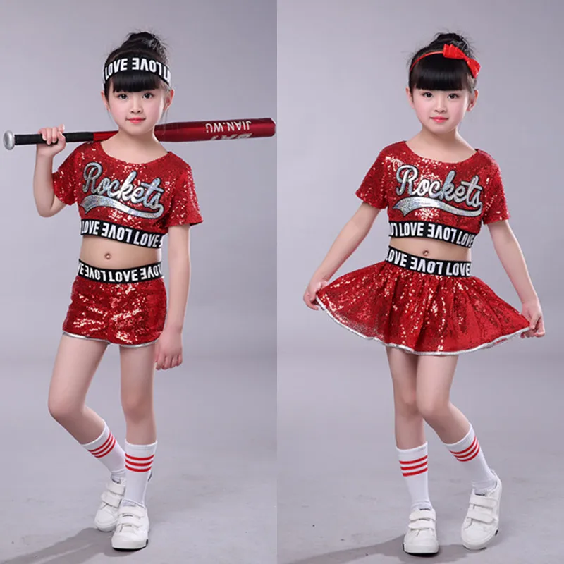 Dei bambini di jazz costumi di danza delle ragazze ombelico esposto moderni abiti da ballo per bambini paillettes cheerleading abbigliamento nuovo