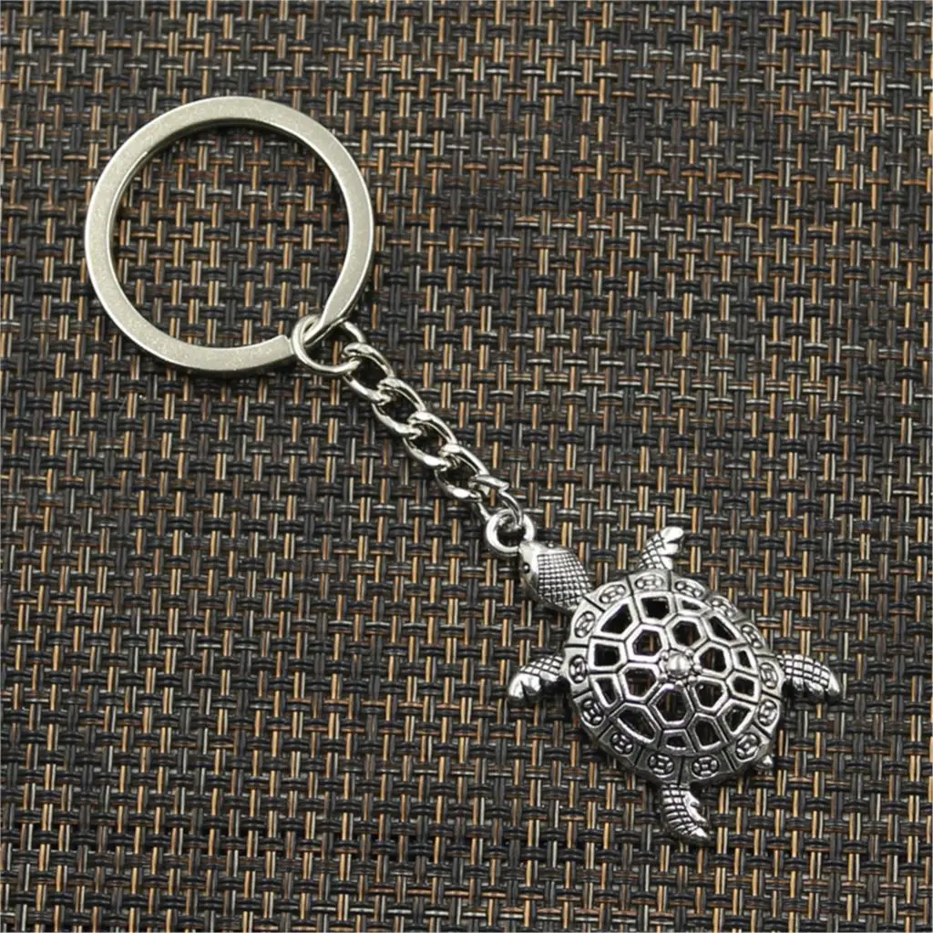 New Fashion Men 30mm Keychain DIY Metal Holder Chain Vintage Hollow Tortoise Turtle Sea 38x25mm Silver Color Pendant Gift