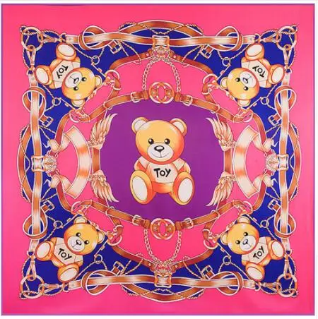 130cm*130cm High Quality Large Square Scarves Twill Shawls,Luxury Brand Toy Bear Chain Print Silk Scarf For Women Headband D619