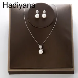 HadiyanaTrendy Noble Lady Micro Inlaid Pendant Earrings Set Simple Pearl AAA Cubic Zirconia Necklace Party Jewelry Gift TZ8094