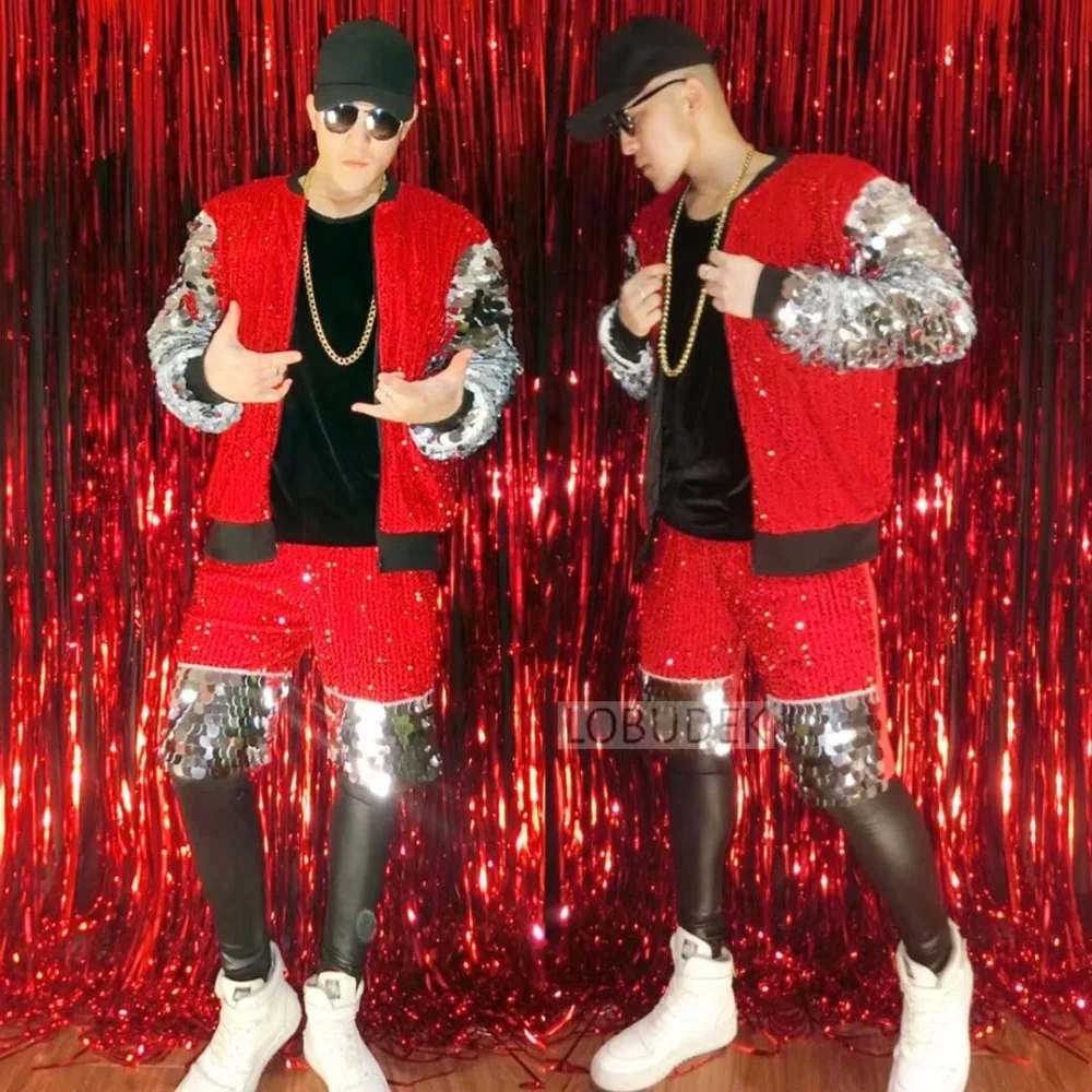 Men Orange Red Sequins Jacket Pants Suit 2 Piece Set Vocal Concert Performance Clothes Bar Nightclub Rock Hip Hop Singer Costume