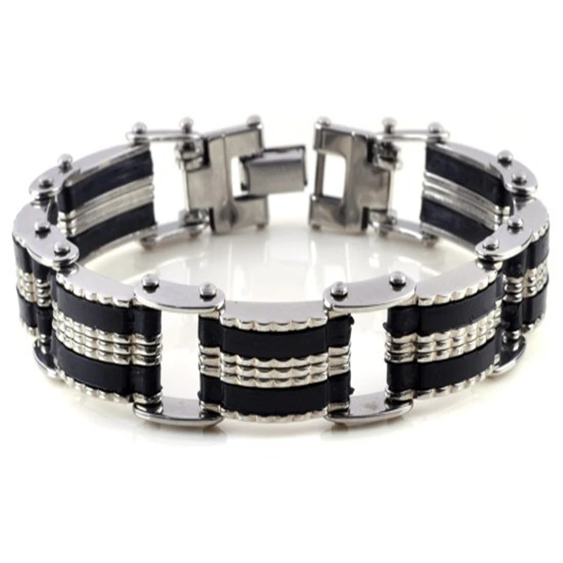 Personality Stainless Steel Black Rubber Men Bracelet Jewelry Wristbands High Quality Bangle Accessories