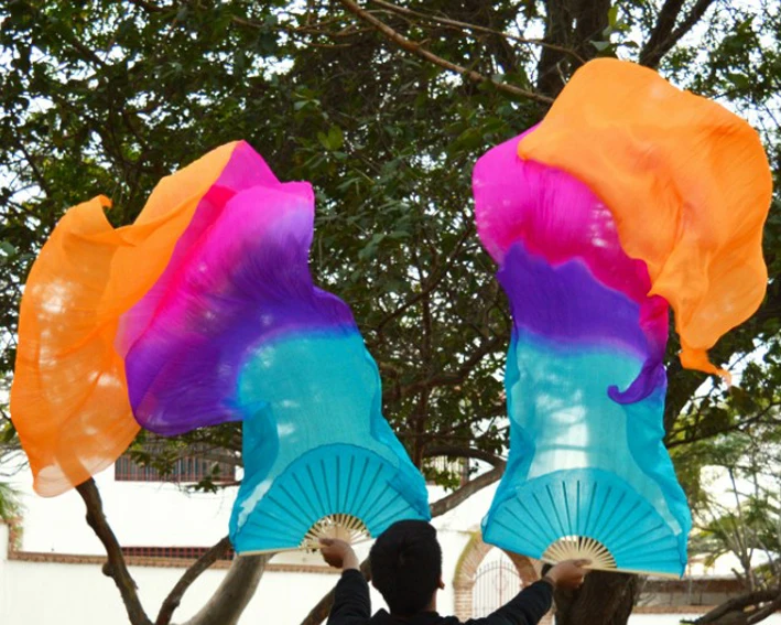 100% prawdziwe Silk welony 1 para handmade kobiety wysokiej jakości jedwab taniec brzucha fani turkus + fioletowy rose pomarańczowy