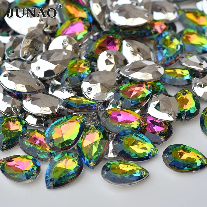 JUNAO 13*18mm Sewing Rainbow Drops Rhinestone Sewn Acrylic Crystal Stones Pointback Strass Diamond For Clothes Needlework Crafts