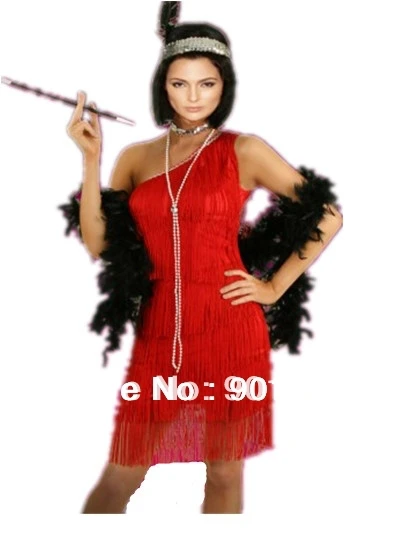 FREE SHIPPING S-2XL 459 red black  Flapper Costume with White Feather fancy dress costume