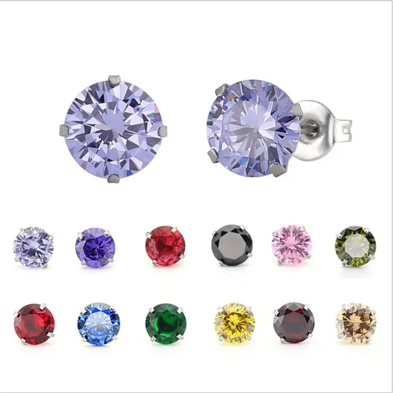 PE84 Titanium Zircon Stud Earrings 6MM Round Colorful Crystal Earring Stainless Steel Jewelry