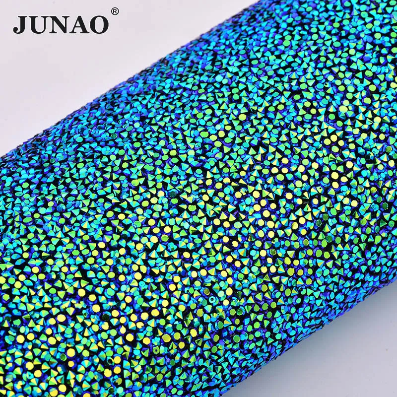 JUNAO 24*40cm Black AB Self Adhesive Crystal Fabric Rhinestones Mesh Trim Resin Stones Applique Hotfix Strass Sheet for Crafts