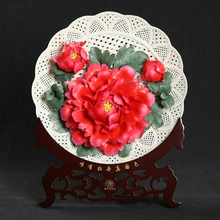 12 inch Luoyang red peony porcelain Dehua ceramic ornaments hanging plate business gifts gift box with a disk