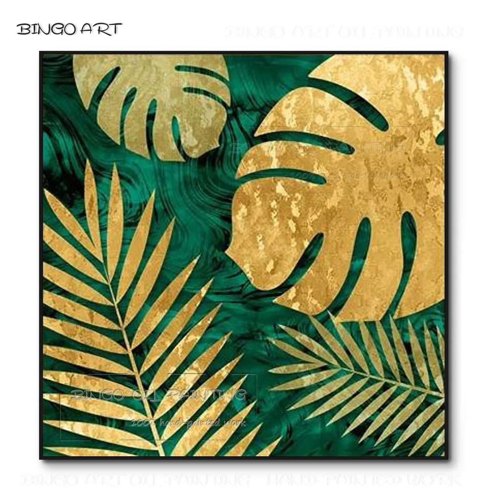 

Artist Hand-painted High Quality Flowers Golden Leaves Oil Painting on Canvas Green Plant and Gold Foil Art Leaves Oil Painting