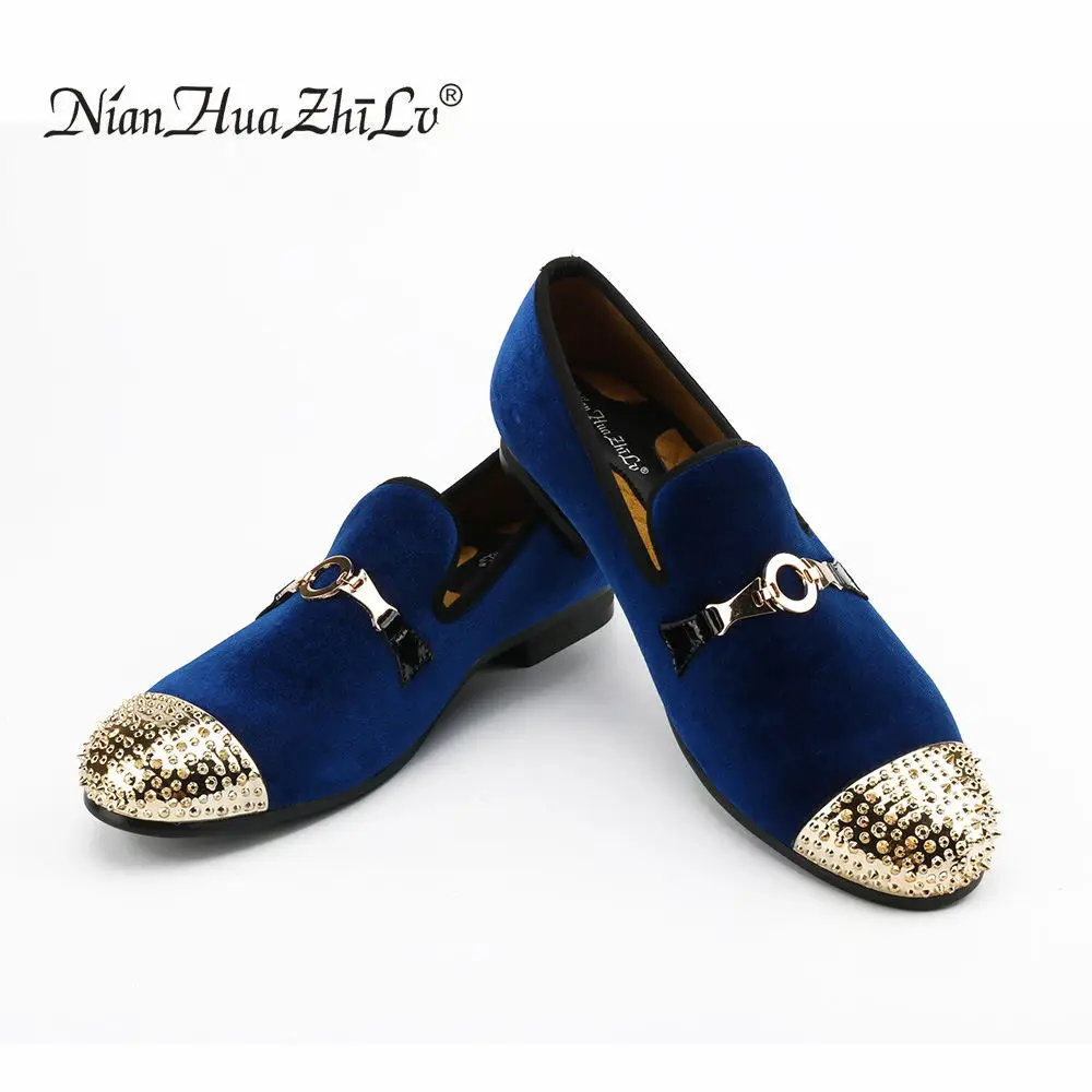 XQWFH Men Spiked Velvet Loafers Fashion Metal Rivet and Gold Buckle Casual Shoes Luxury Penny Slippers Soft Slip on Dress Shoes