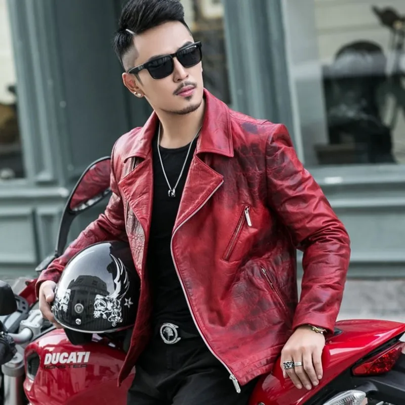 New Mens Luxury Sheepskin Genuine Leather Jacket Slim Fit Motorcycle Leather Jacket Men Punk Designer Red Outwear Coat 4XL