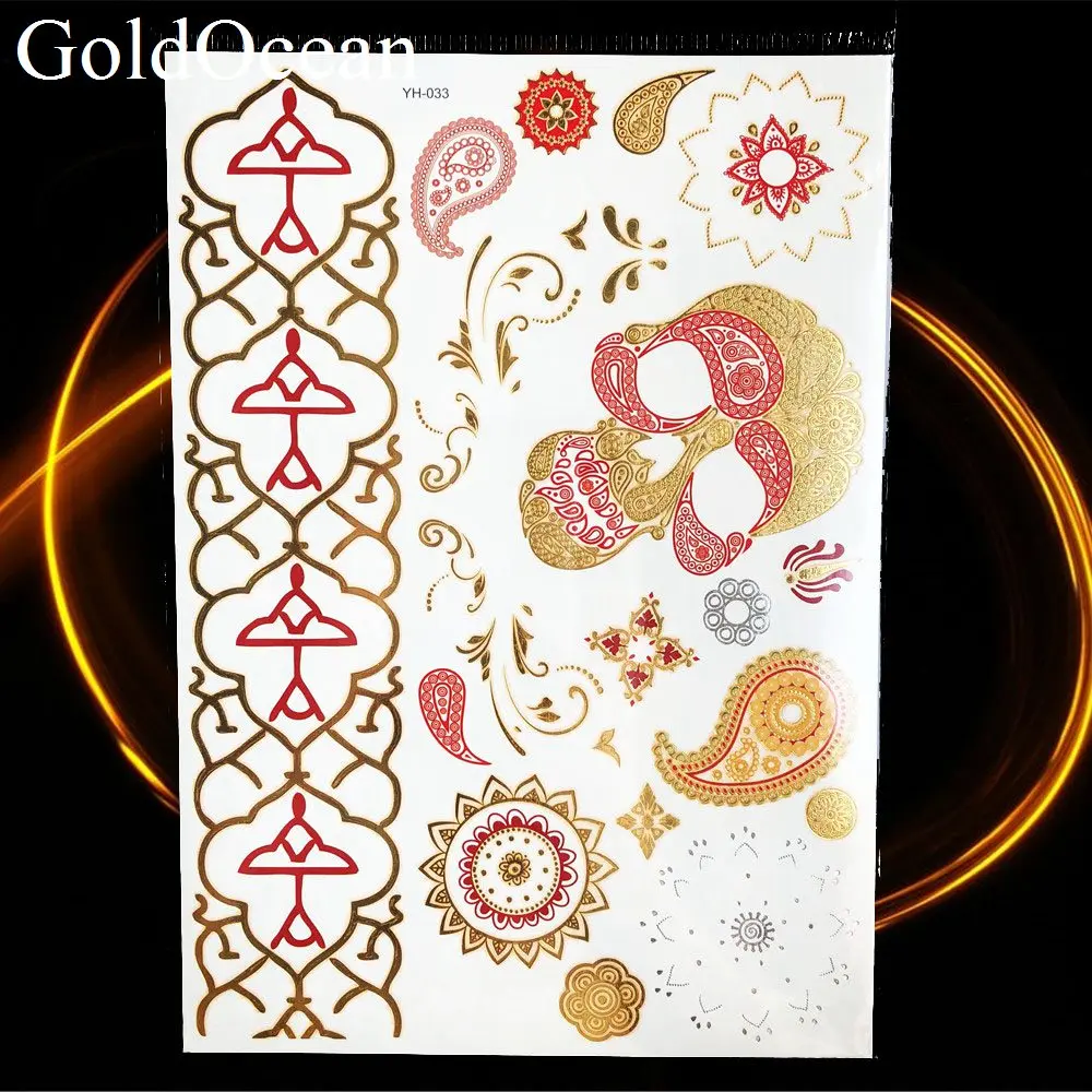 Jewelry Henna Mandala Skull Temporary Tattoo Gold Metallic Girl Neck Arm Tattoo Stickers Totem Women Body Legs Flash Tatoo Chain