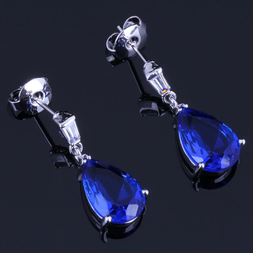 

Classy Water Drop Blue Cubic Zirconia White CZ Silver Plated Drop Dangle Earrings V0742
