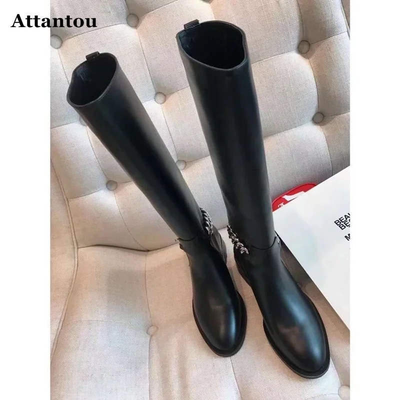 مصمم سلاسل دراجة نارية أحذية النساء المصارع Botte فام جلد طبيعي النساء أحذية طويلة حذاء برقبة للركبة امرأة الشتاء الأحذية #4