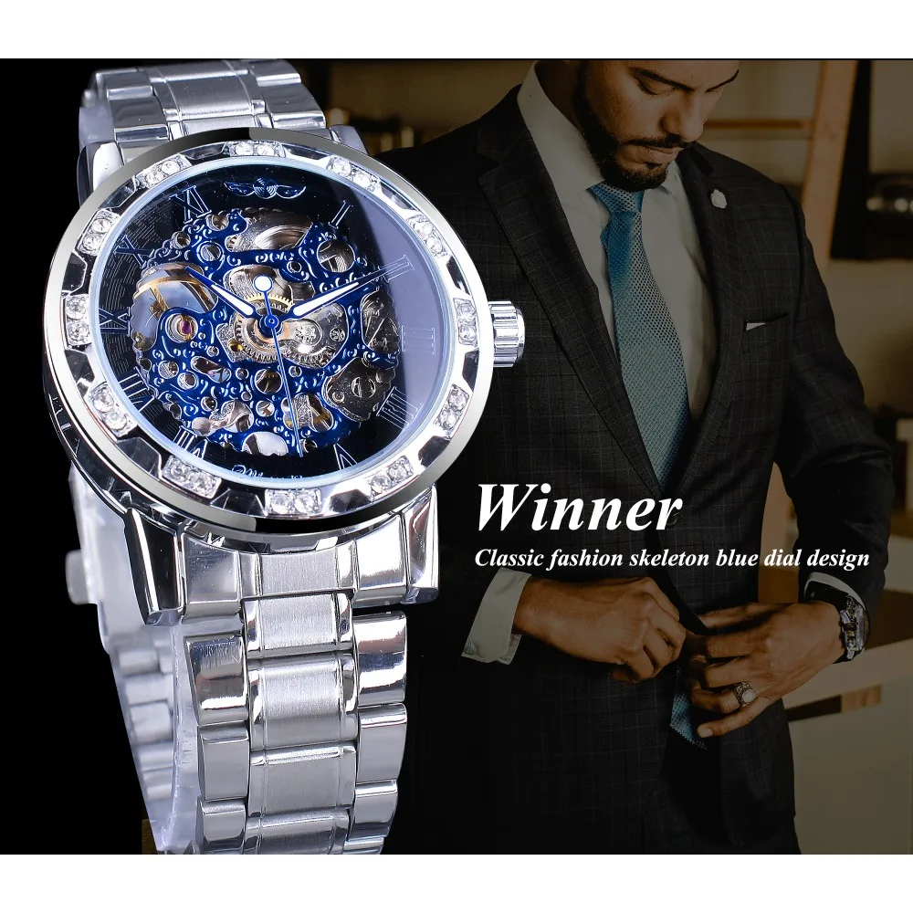 Winner Blue Watches Diamond Design Skeleton Men's Mechanical Wrist Watches Clock Male Luminous Hands Silver Stainless Steel