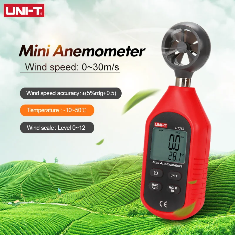 Anemómetro Digital de mano UNI-T UT363, medidor de temperatura y velocidad del viento, con pantalla LCD, UT363BT