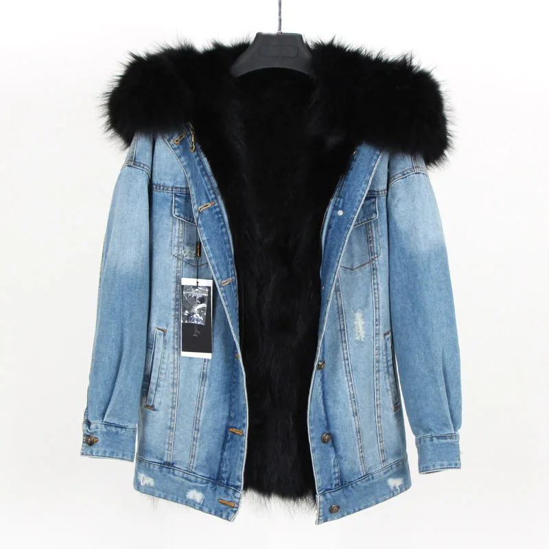 maomaokong 2022 new natural raccoon fur lining coat coat denim loose fashion fur park leather coat women\'s coat women\'s coat