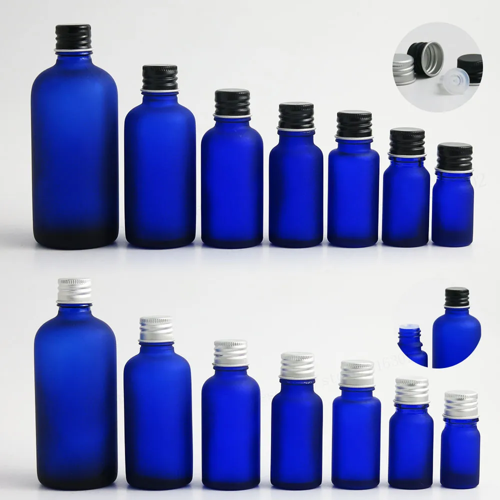 200 x Frost Blauen Glas Ätherisches Öl Behälter Mit Silber Schwarz Aluminium Kappe mit einsatz 100 ml 50ml30ml 20 ml 15 ml 10 ml 5 ml