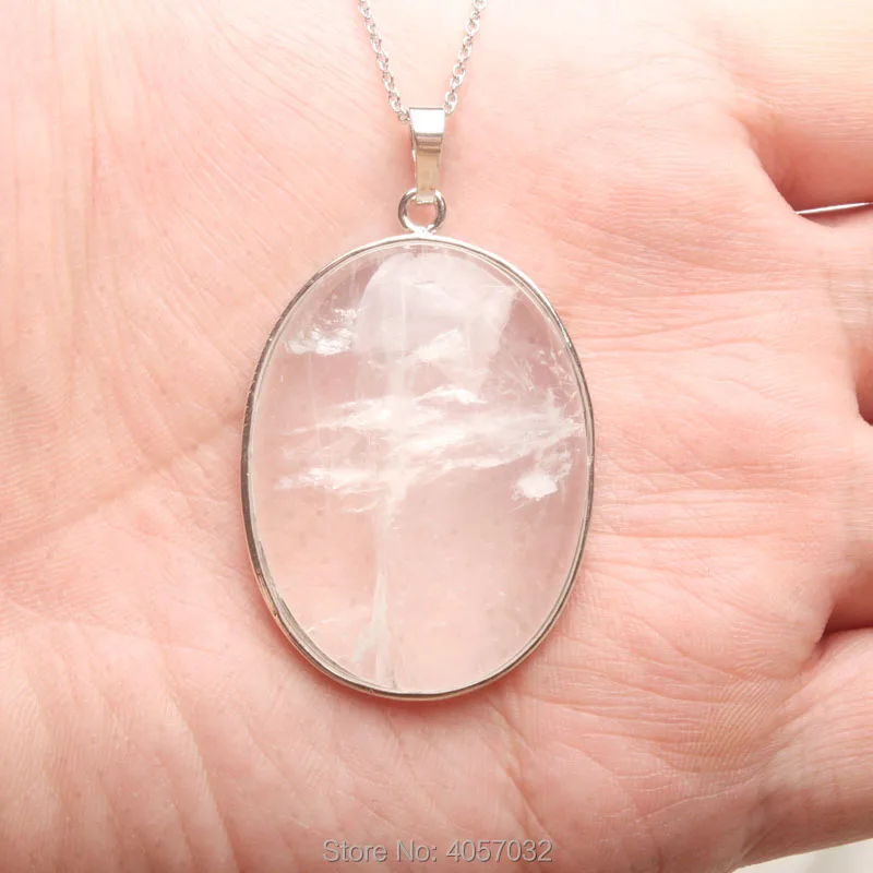 Classic  40x30MM Natural Clear Crystal Quartz Oval Bead Pendant  1PCS