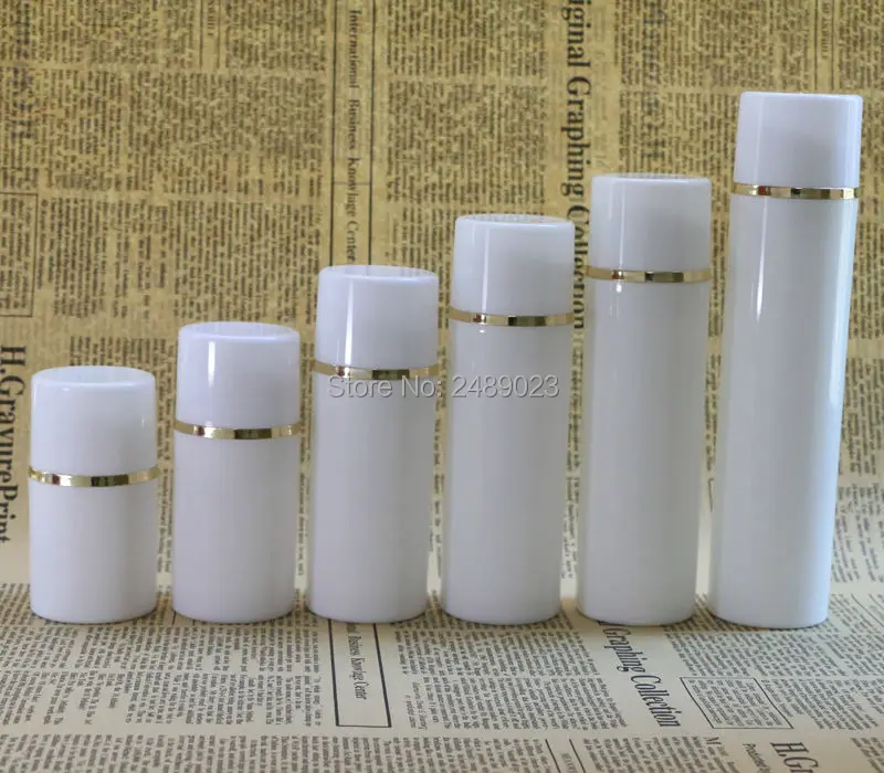 

50ml 100ml White cap Airless Pump Bottles With Golden line Plastic Airless Bottle Vacuum cosmetic Lotion Containers 10 pcs/lot