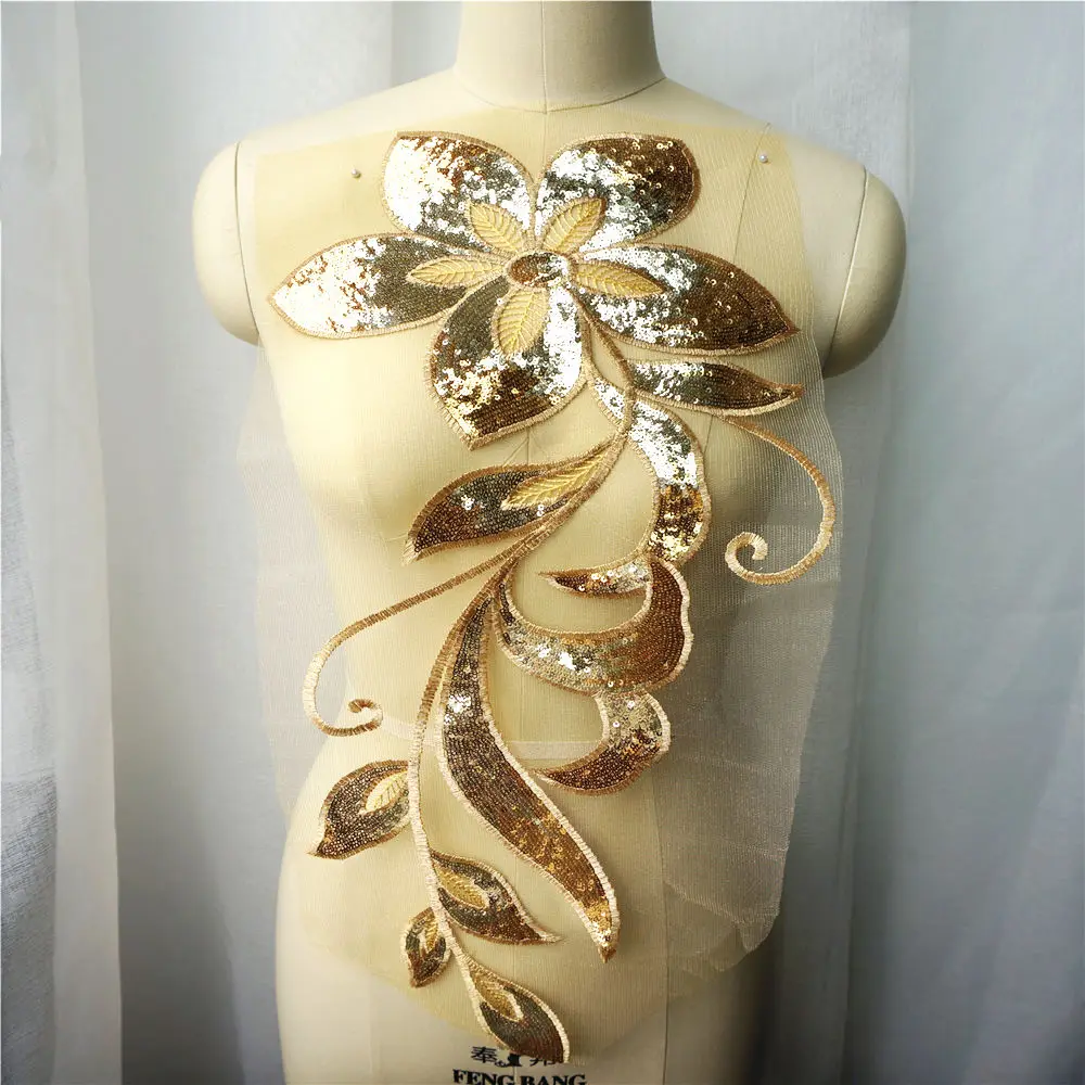 Gold Silver Sequin Flower Leaves Lace Fabric Embroidered Wedding Gown Appliques Collar Mesh Sew Patch For Dress DIY Decoration