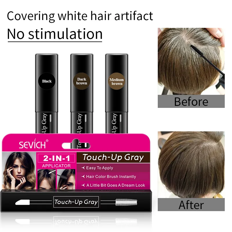 One-Time Hair dye Pen  Instant Gray Root Coverage Hair Color white to dark brown black 2 brushes soft head easy apply temporary