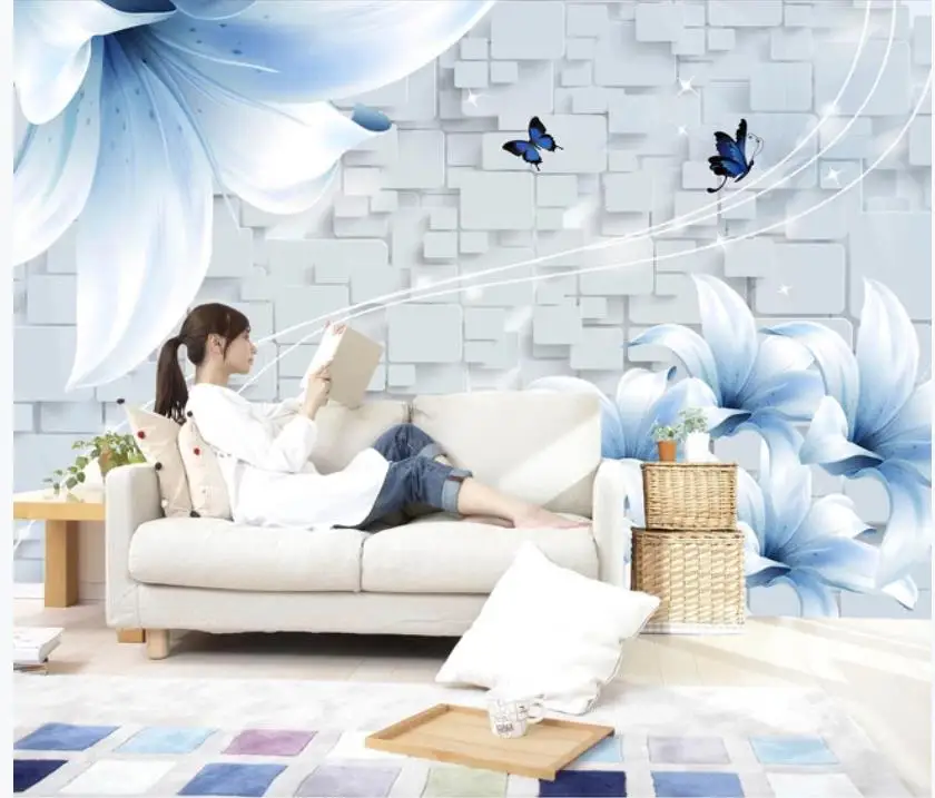 

Custom 3d Mural Wallpaper Blue lily butterfly square Wallpaper Mural Painting For Living Room 3D TV background