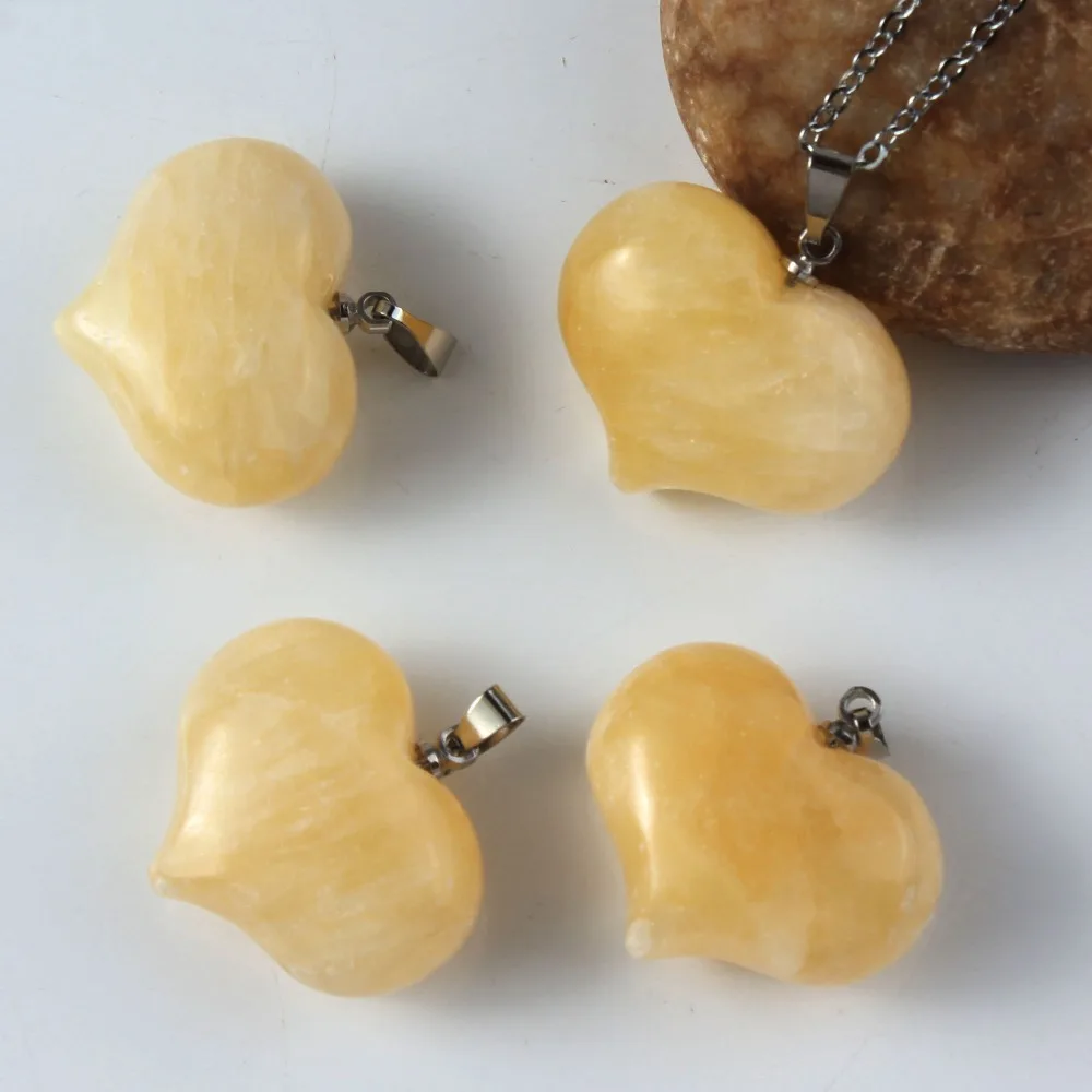 Silver Plated Natural Yellow Jade Citrines Quartz Love Heart Stone Pendant Fashion Jewelry Valentine\'s Day Gift No Chain