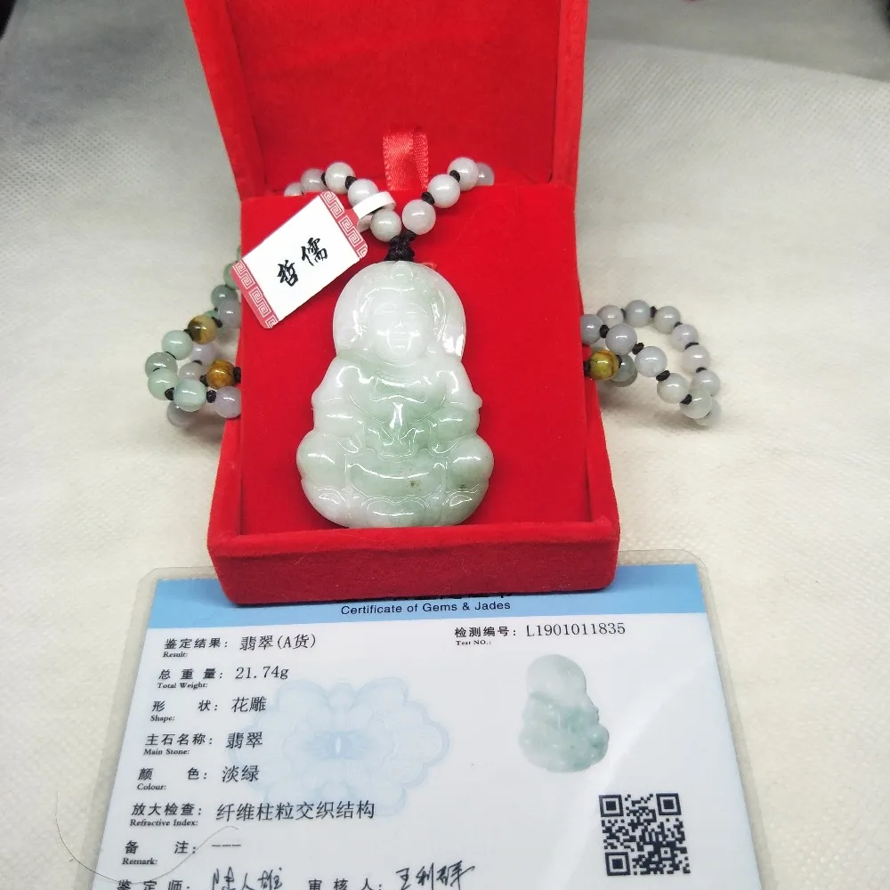 Zheru Jewelry Pure Natural Jadeite Light Green Two-tone Guanyin Pendant Three-color jadeite jade necklace Gift A-level certifica