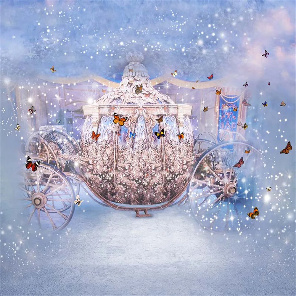 

Fairy Tale Princess Carriage Backdrop Photography Dancing Butterflies Bling Spots Children Girls Birthday Party Photo Background