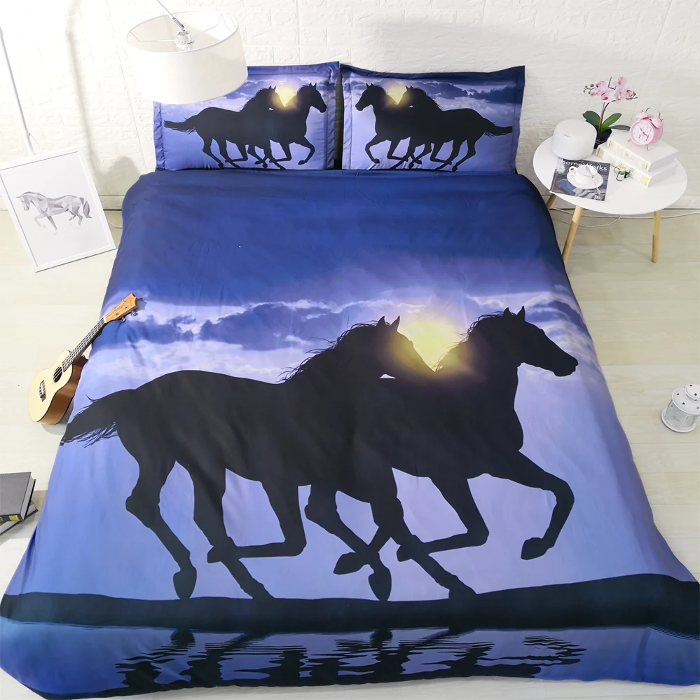 4 PCS PER SET Horses running on the beach at Sunset 3d Digital animal bed set with 3D Blanket Cover 3D Bed Linens