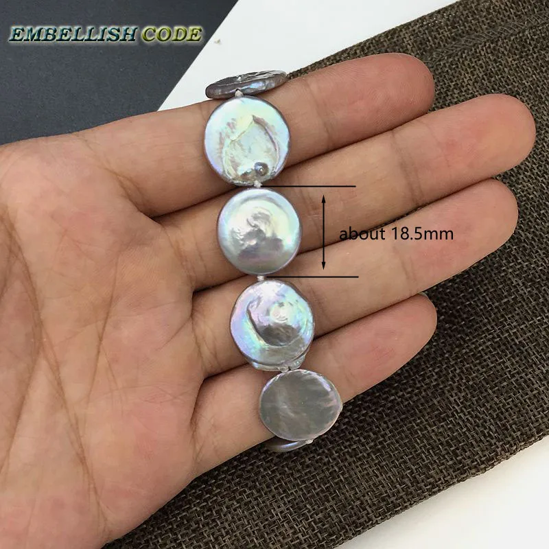 2018 baroque pearl bracelet Bangles gray colorful color flat round coin shape big size real freshwater pearls special for women view 3