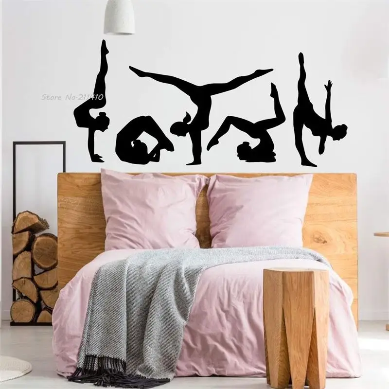 Silhouette Gymnastic Wall Decal For Teen's Bedroom Acrobatic Balance Beam Combination Floor Exercise Girl's Vinyl Decor YT1060