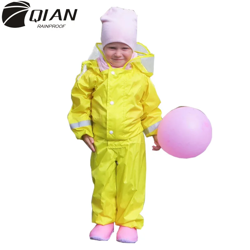 QIAN 2-9 Years Old Fashionable Waterproof Jumpsuit Raincoat Hooded Cartoon Kids One-Piece Rain Coat Tour Children Rain Gear Suit