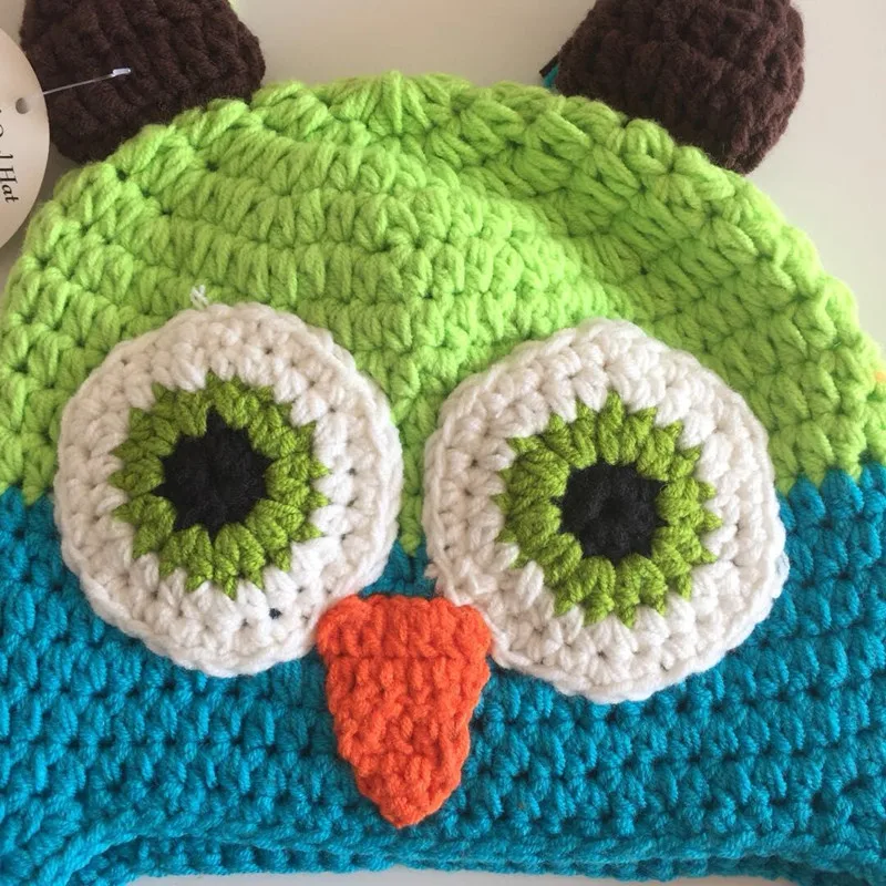 Hooyi Owl Baby Boys Crochet Caps Children Hat Embroidery Wool Green Blue Ear Protector Kid Beanies Cute Animal Hats Winter Scarf