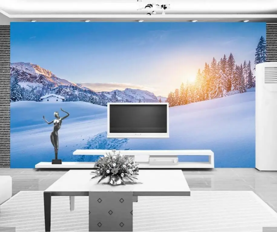 Sun Shine Snow Forest Tree Nature View Wall Mural paper for Living Room TV Backsplah  Coverings Photo  Paper Roll 3d