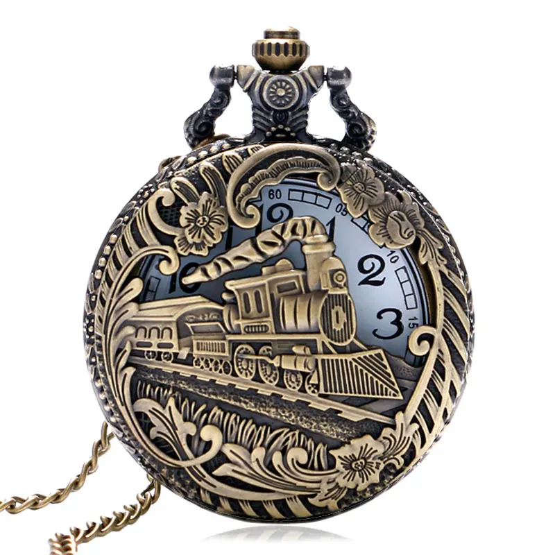 Vintage Hollow Bronze Locomotive Design Quartz Fob Pocket Watch With Necklace Chain Gift To Men Women