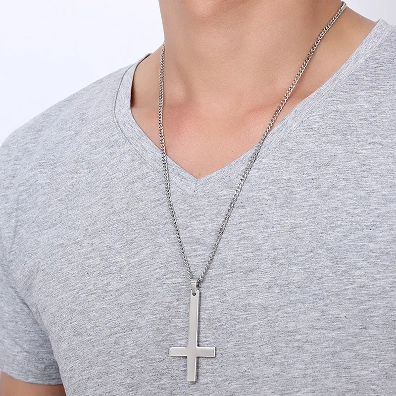 Meaeguet Stainless Steel Upside Down Cross Inverted Cross of St Peter Pendant Necklace Lucifer Satan Satanism Gothic jewelry