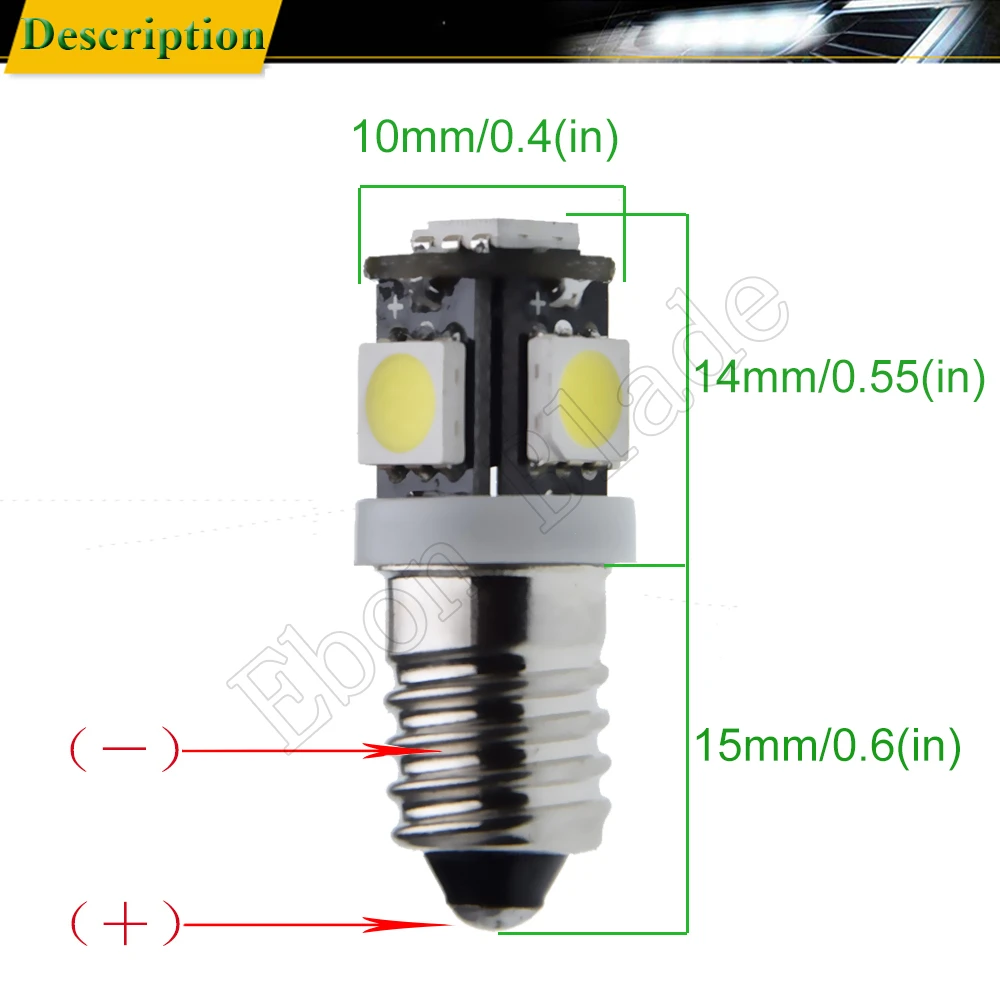Pair E10 led light bulbs 1447 Screw 3V 6V 12V 24V DC  Instrument Indicator bulb 5SMD 5050 flashlight Torch Lamp White Warm White