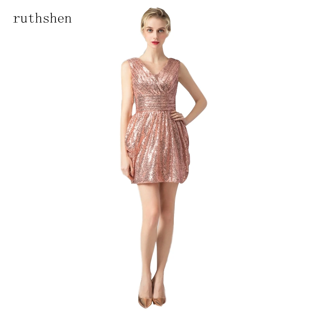 Ruthshen-vestidos de dama de honor con lentejuelas doradas, cuello en V profundo, corto, vestido de fiesta de boda, barato, vestido de dama de honor con foto Real